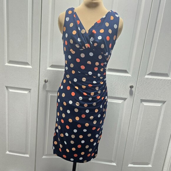 Navy Polka Dot American Living V-Neck Dress with Ruched Side Size 4 - Picture 1 of 8